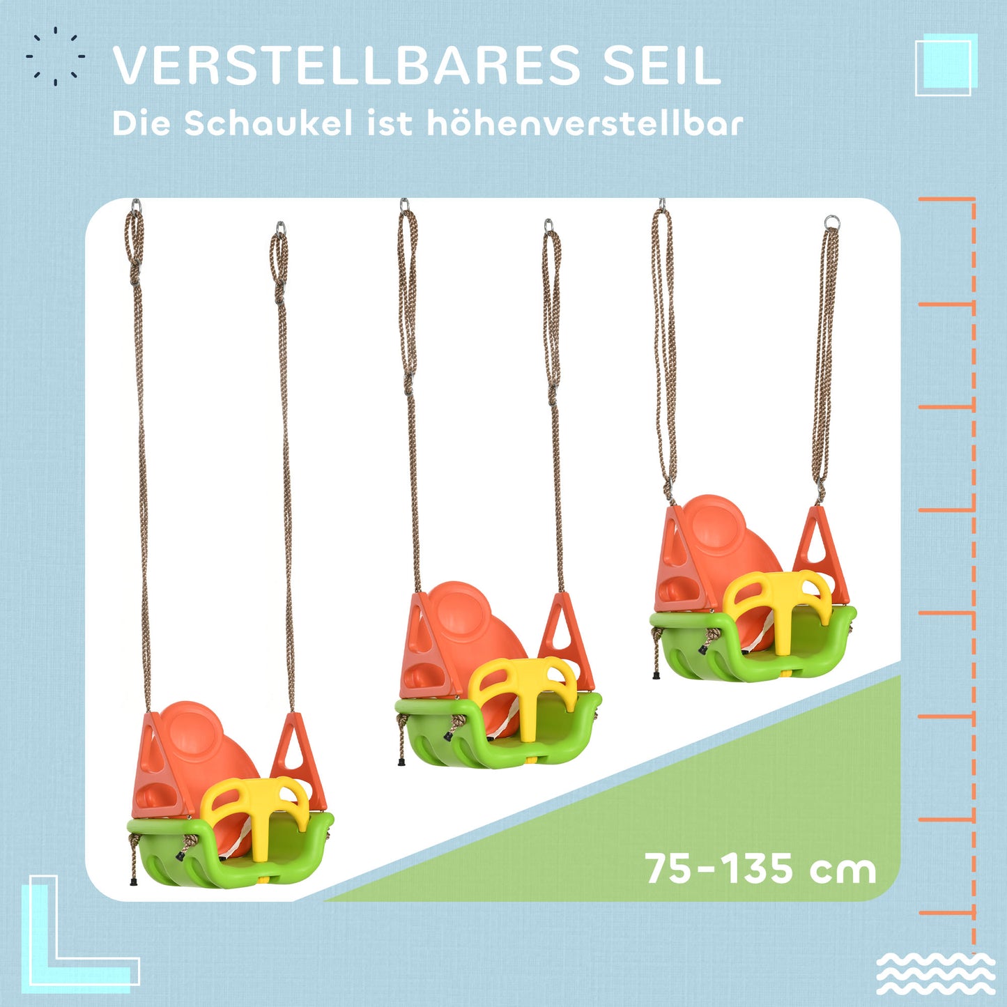Outsunny 3-in-1 Babyschaukel, Sicherheitsgurt, längenverstellbare Seile, für In- und Outdoor, grün, 48 x 34 x 180 cm