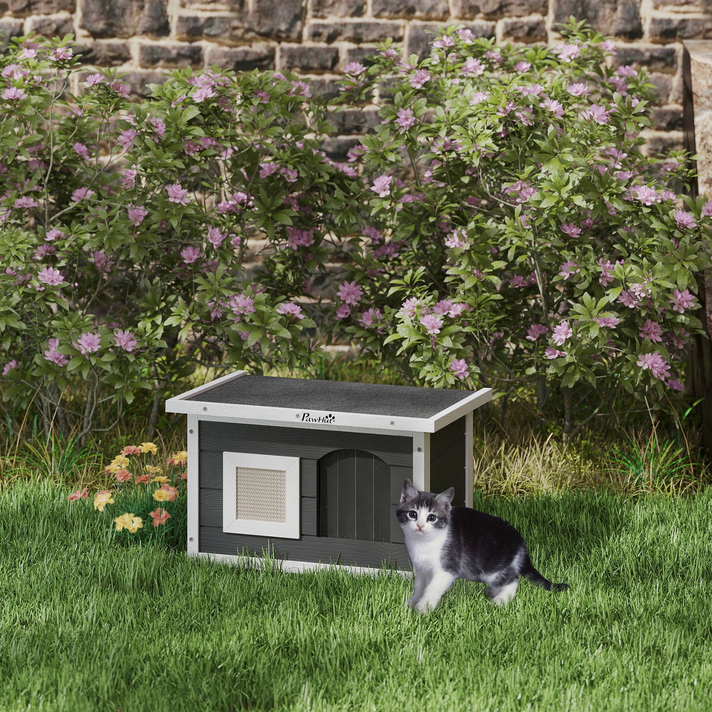 PawHut Katzenhaus, Rückzugsort für Katzen und Kaninchen, Holzhaus mit Kratzmatte, Türklappe, 61 x 45 x 36,5 cm, Grau