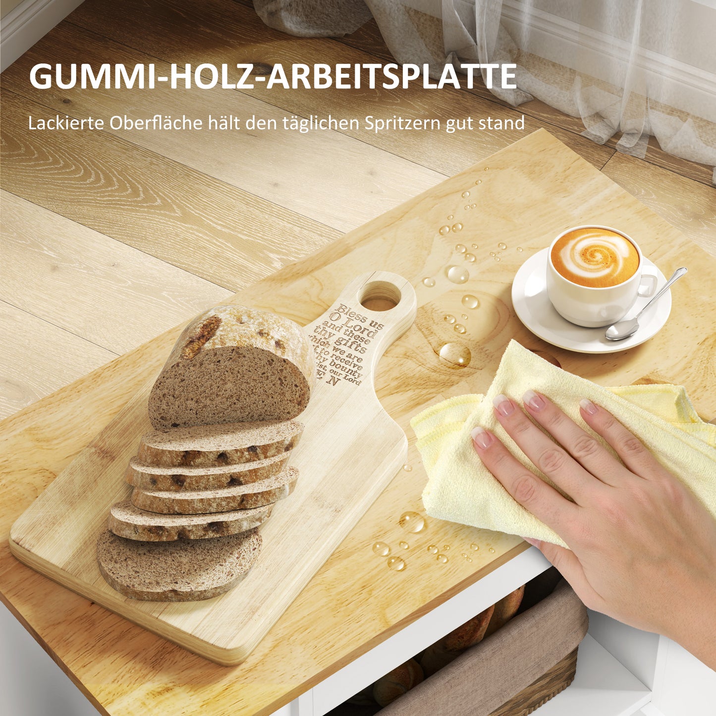 HOMCOM Küchenwagen, Rollbare Kücheninsel, Küchen-Trolley mit Fächern, Weinregalen, Schrank und Arbeitsfläche, Weiß
