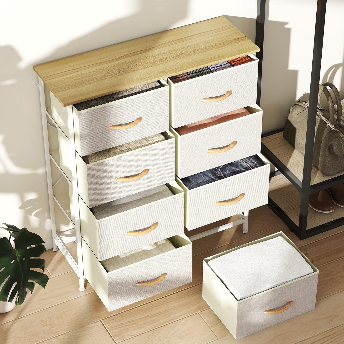 HOMCOM Schlafzimmer-Kommode mit 8 Stoffschubladen, Stahlstreben, Holzoberfläche, 4 Aufbewahrungstaschen, 2 Haken, Beige