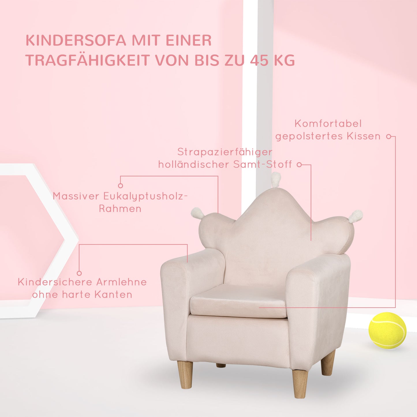 HOMCOM Kindersessel für Kinder 3-5 Jahre, weicher Stoffbezug, Rahmen aus Eukalyptusholz, 50 x 42 x 58cm, hellrosa
