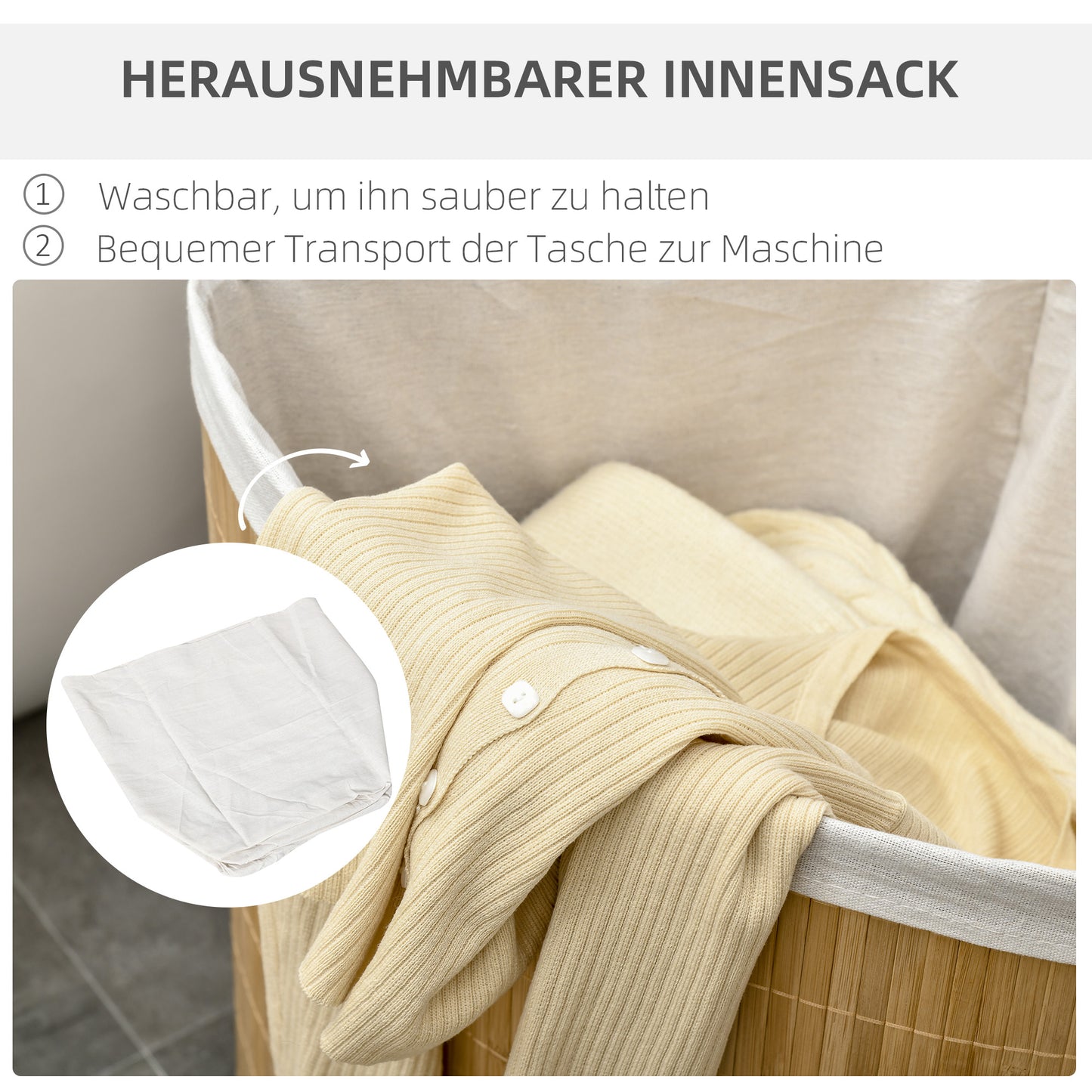 HOMCOM 55 L Wäschekorb mit Deckel, Griff, Wäschesortierer mit herausnehmbarem Wäschesack für Badezimmer, Bambus, Natur