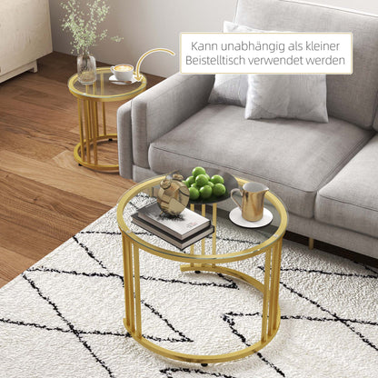 HOMCOM Beistelltisch-Set, 2 Satztische, Karbonstahl, Glasplatte, Ø60x47/Ø40x42 cm, Gold
