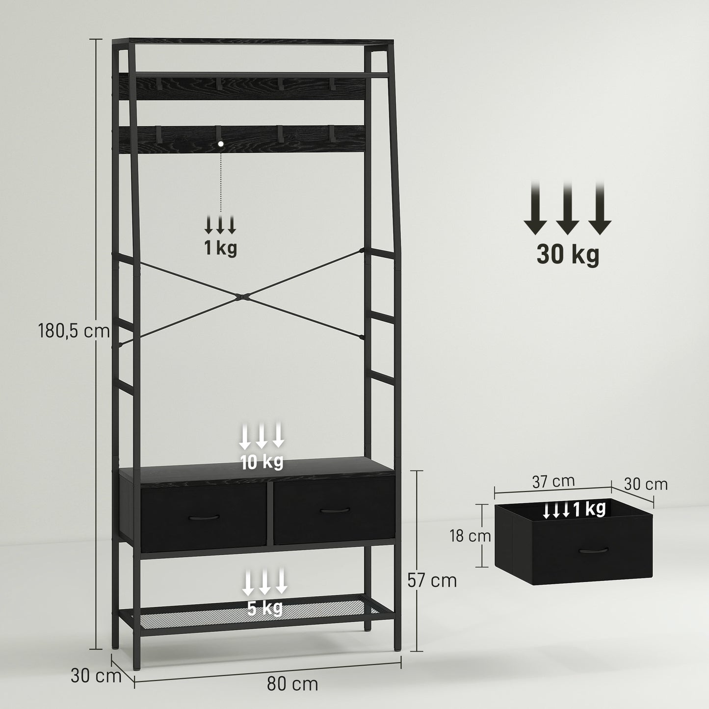 HOMCOM Garderobenständer mit Schuhregal, Kleiderständer im Industrie-Design, 2 Stoffschubladen, 8 Haken, Metallrahmen, Schwarz