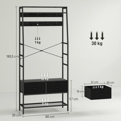 HOMCOM Garderobenständer mit Schuhregal, Kleiderständer im Industrie-Design, 2 Stoffschubladen, 8 Haken, Metallrahmen, Schwarz