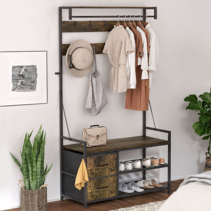 HOMCOM 6-in-1 Garderobenständer mit Sitzbank und Schuhregal, Industrie-Stil, 10 Haken, 2 Stoffschubladen, Metall, Braun