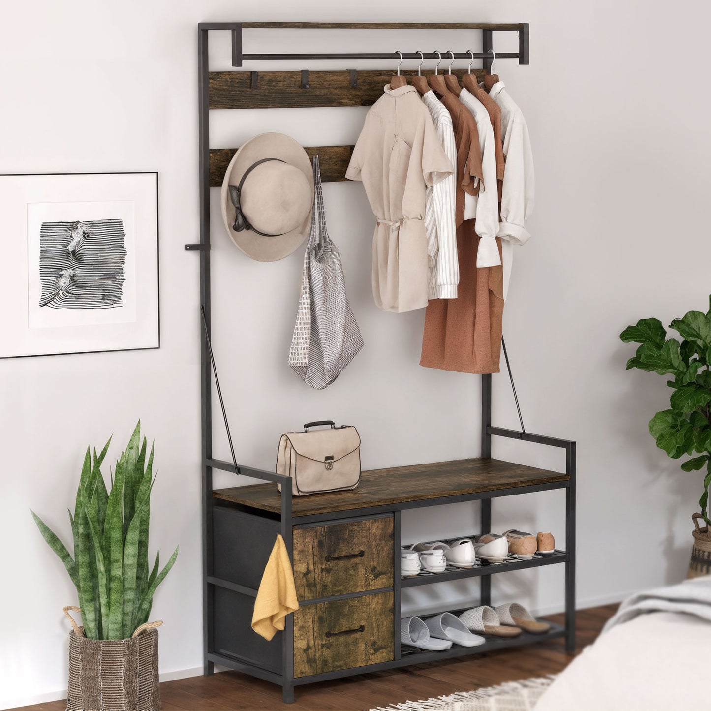 HOMCOM 6-in-1 Garderobenständer mit Sitzbank und Schuhregal, Industrie-Stil, 10 Haken, 2 Stoffschubladen, Metall, Braun