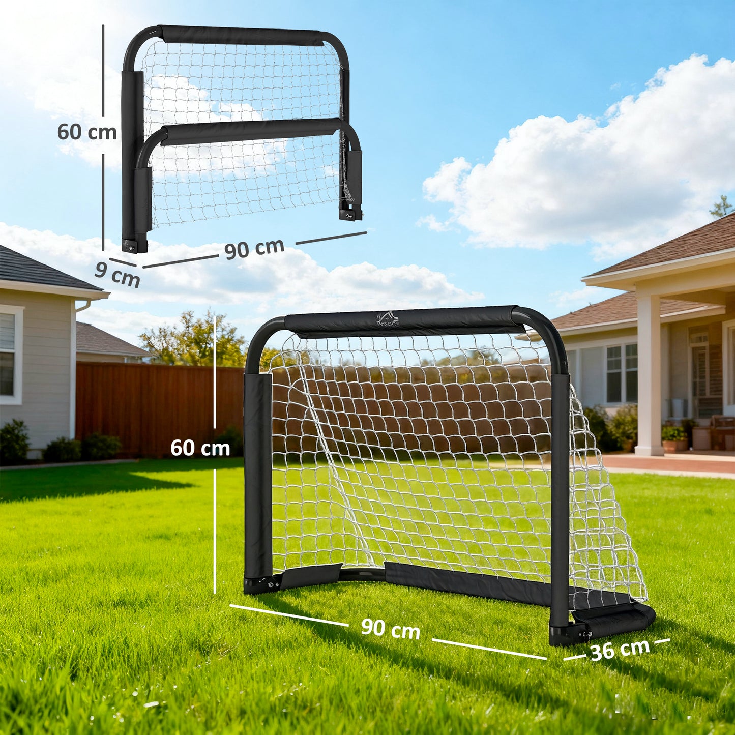 HOMCOM Fußballtor-Set, 2 klappbare Minitore, Metallrahmen, inkl. Werkzeug, 90 x 36 x 60 cm, Schwarz