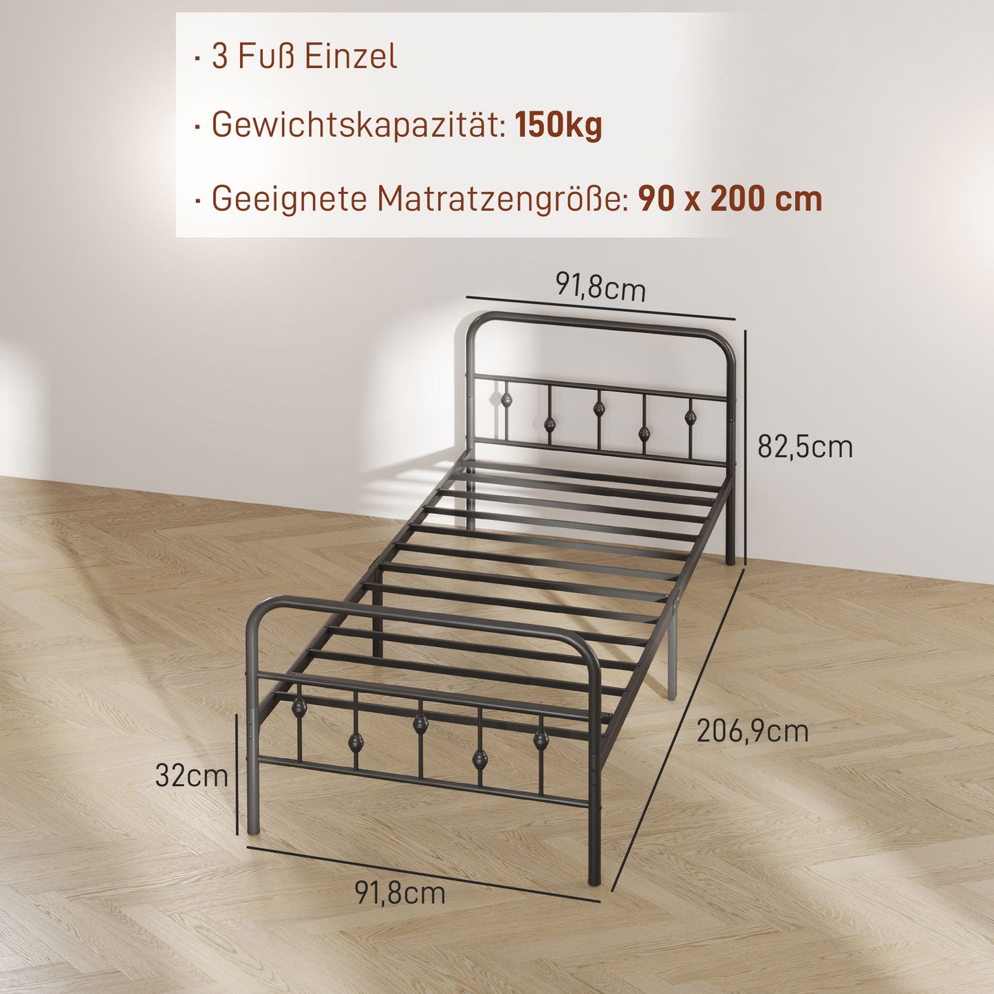 HOMCOM Einzelbettgestell aus Metall, Leichte Montage, mit geräuschreduzierenden Gummikits, Schwarz