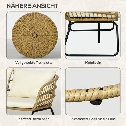 Outsunny Rattansitzgruppe Lounge-Set Outdoor-Sitzgruppe, Boho-Stil, 5-teilges Set, 145 x 70 x 78 cm, Creme + Natur + Schwarz