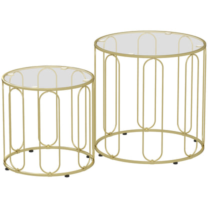 HOMCOM 2er-Set Glastische, ineinander verschiebbar, Glasplatten, Metallgestell, Goldfarben