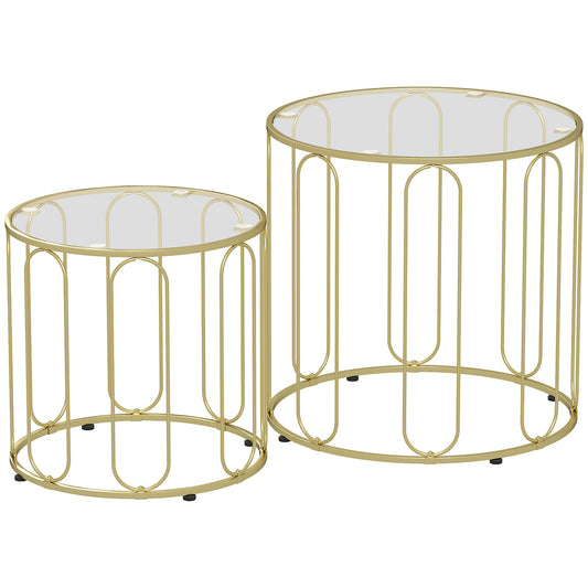 HOMCOM 2er-Set Glastische, ineinander verschiebbar, Glasplatten, Metallgestell, Goldfarben