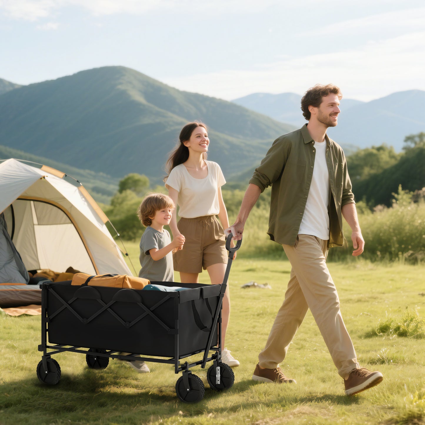 Outsunny Gartenwagen 100 kg belastbar klappbar Erweiterter Transportwagen mit herausnehmbare Plane Schwarz