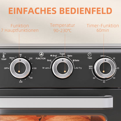 HOMCOM Minibackofen, 20L, 5 Funktionen, 360° Heißluft, Grillrost, Krümelblech, Grau