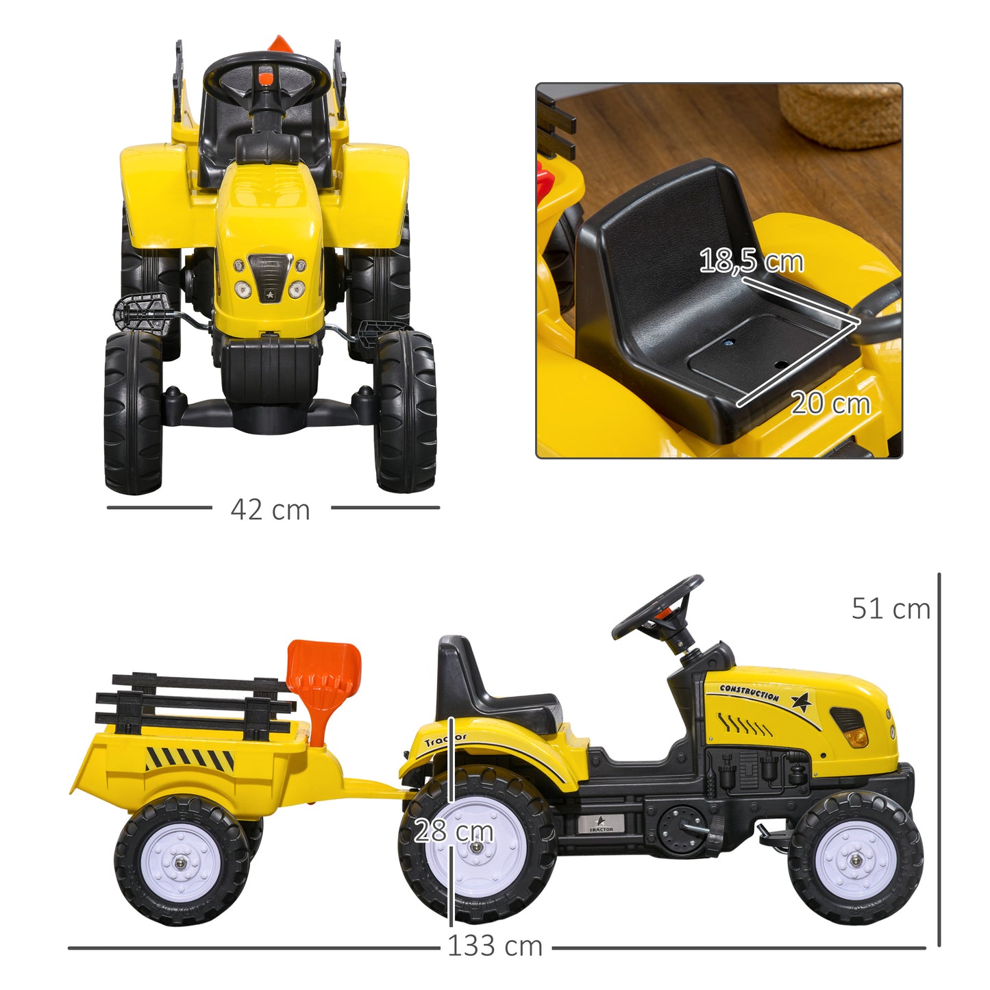 HOMCOM Trettraktor mit Anhänger, Werkzeug, Hupe, für Kinder ab 3 J., Metallrahmen, schwarz-gelb, 133 x 42 x 51 cm