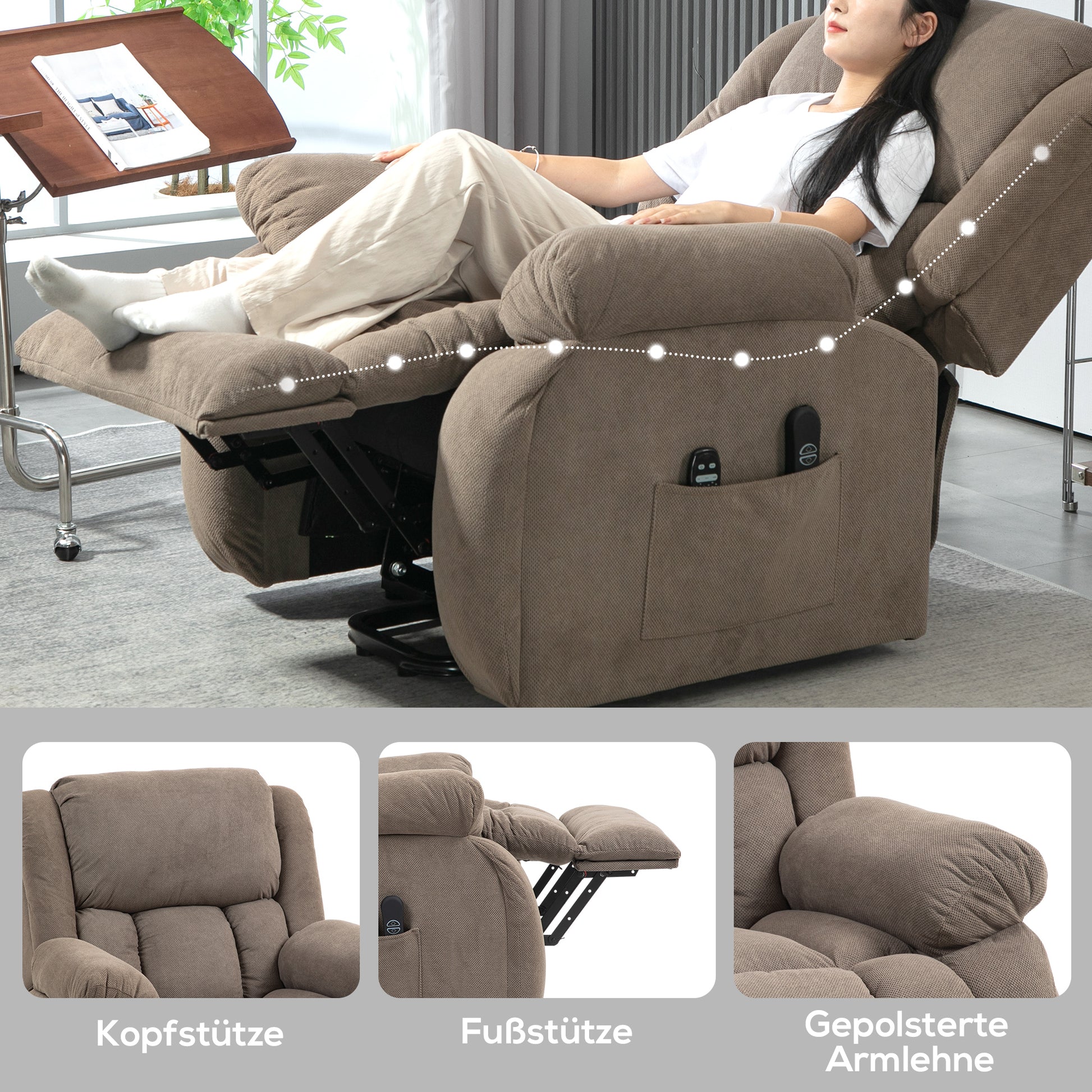 HOMCOM Fernsehsessel mit Massage- und Wärmefunktion, Elektrischer Aufsteh-Sessel, Fernbedienung, Seitentaschen, Hellbraun