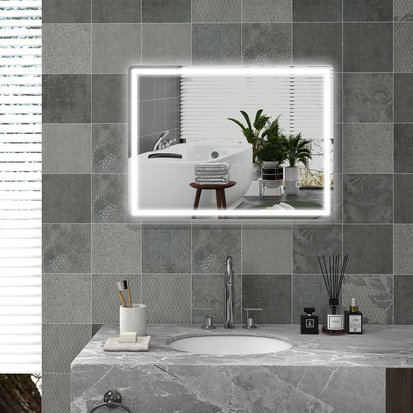 HOMCOM Badspiegel Badezimmerspiegel Wandspiegel LED´s. Ber, gsschalter, Antibeschlagfunktion, 60 x 80 x 4 cm, Weiß