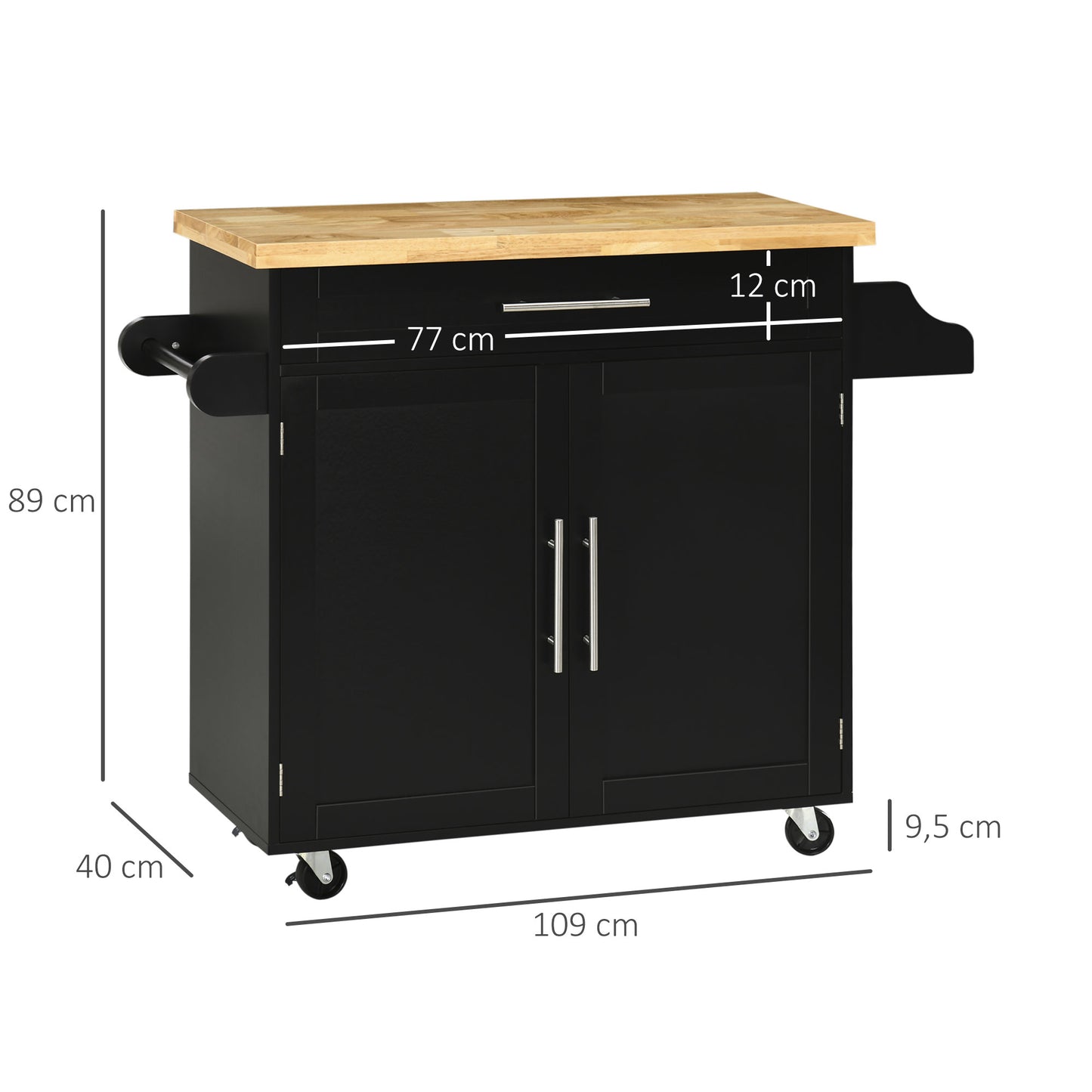 HOMCOM Küchenwagen Servierwagen Kücheninsel, 1 Gewürzregal, 1 Handtuchhalter, 109 cm x 40 cm x 89 cm, Schwarz