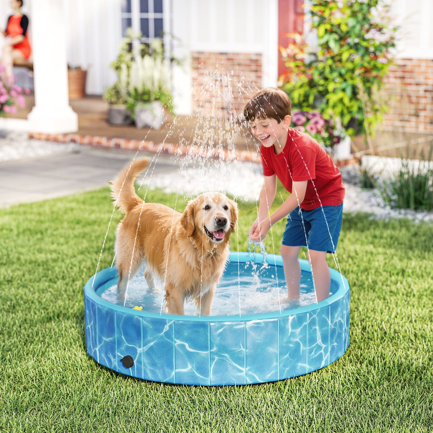 PawHut Hundepool Faltbar Planschbecken mit Brunnen- und Wasserpolsterdesign Ø120 x 30 cm Blau