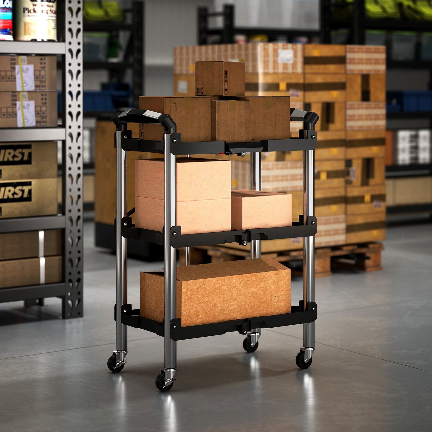 HOMCOM Werkzeug-Trolley, klappbarer 3-stufiger Werkzeugwagen, Kunststoff, Stahl, Schwarz