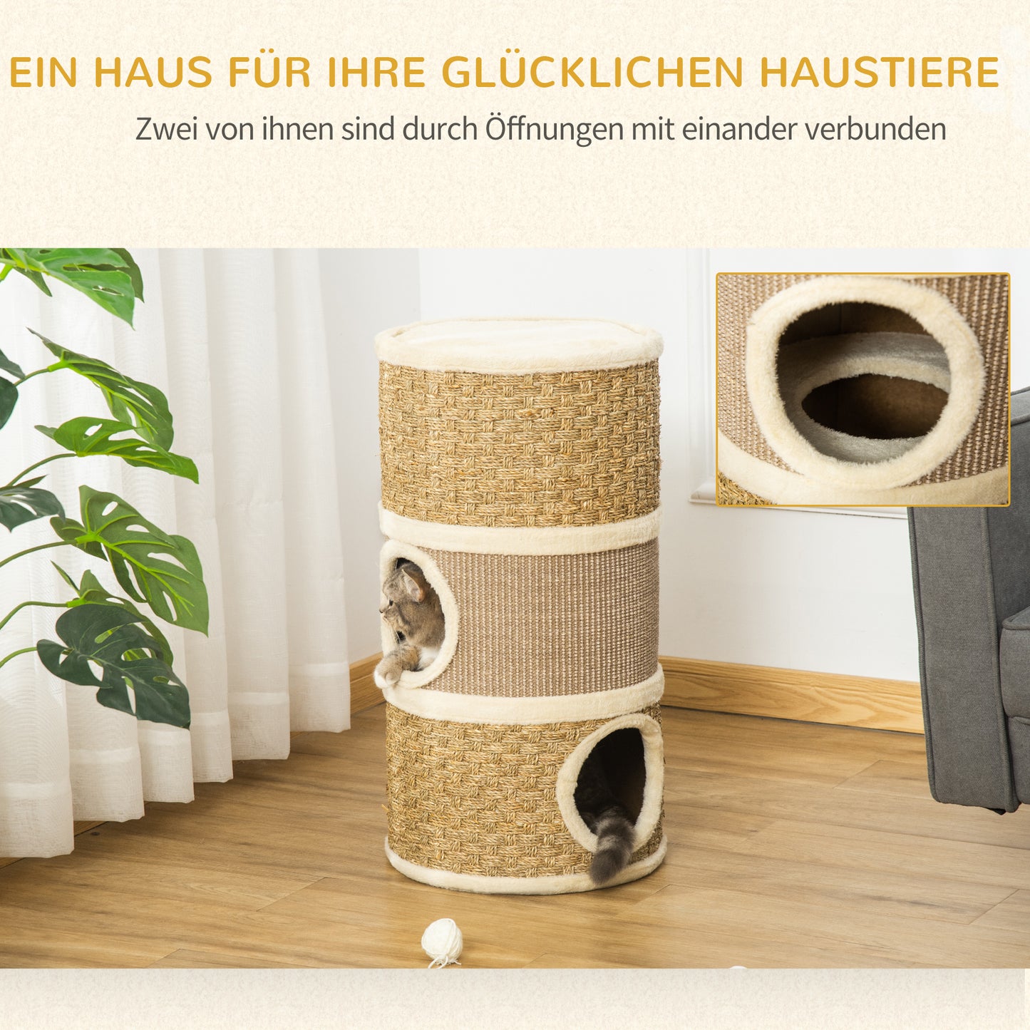 PawHut Kratztonne, Höhe 70 cm, Katzenkratzbaum für katzen 3 Ebenen Katzenbaum Kletterbaum Katzenmöbel mit Sisal Plüsch