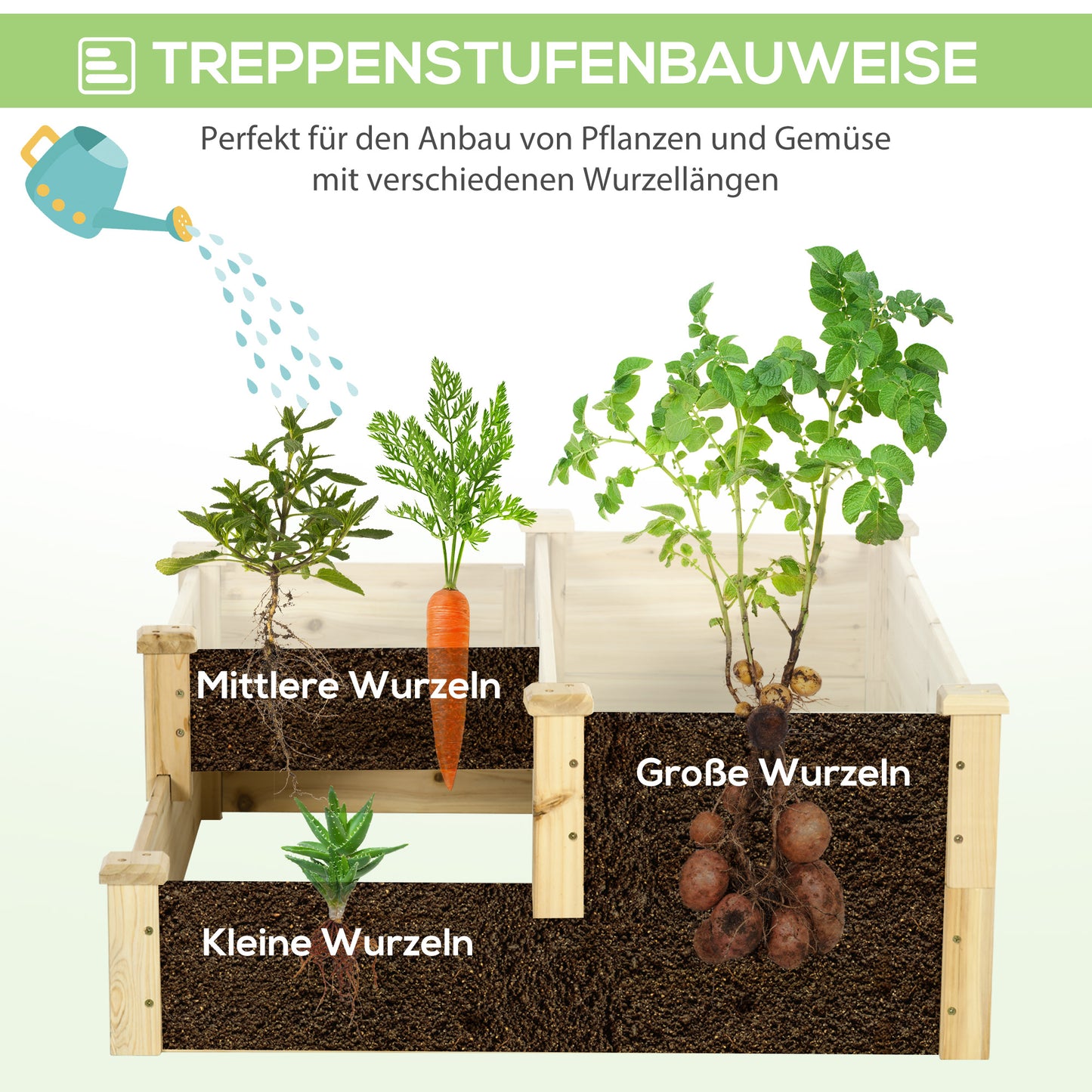 Outsunny Hochbeet mit 3 Pflanzkästen, 3-stufiges Design, offenere Boden, 108 cm x 88 cm x 36 cm, Natur