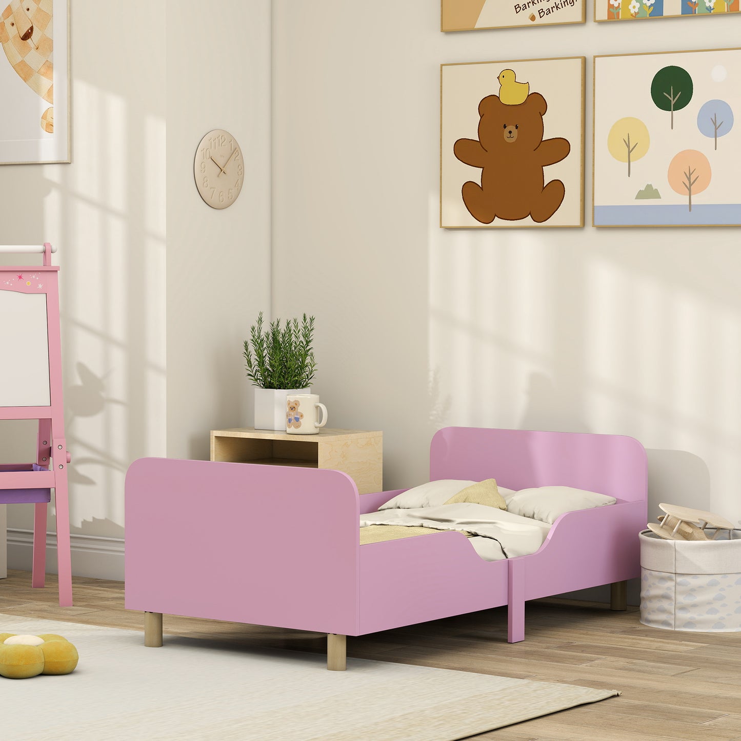 AIYAPLAY Kinderbettgestell، Einzelbettrahmen für Kinder، Schutzgitter، Kleines Bett für Kinderzimmer، MDF، ohne Matratze، Rosa