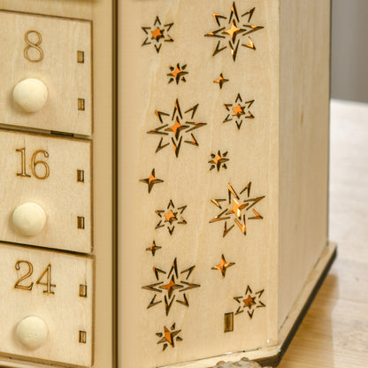 HOMCOM Adventskalender Weichnachtsdekoration Weihnachtsdeko, 24 Schubladen, LED-Lichter, 39 cm x 9 cm x 42 cm, Weiß + Grün