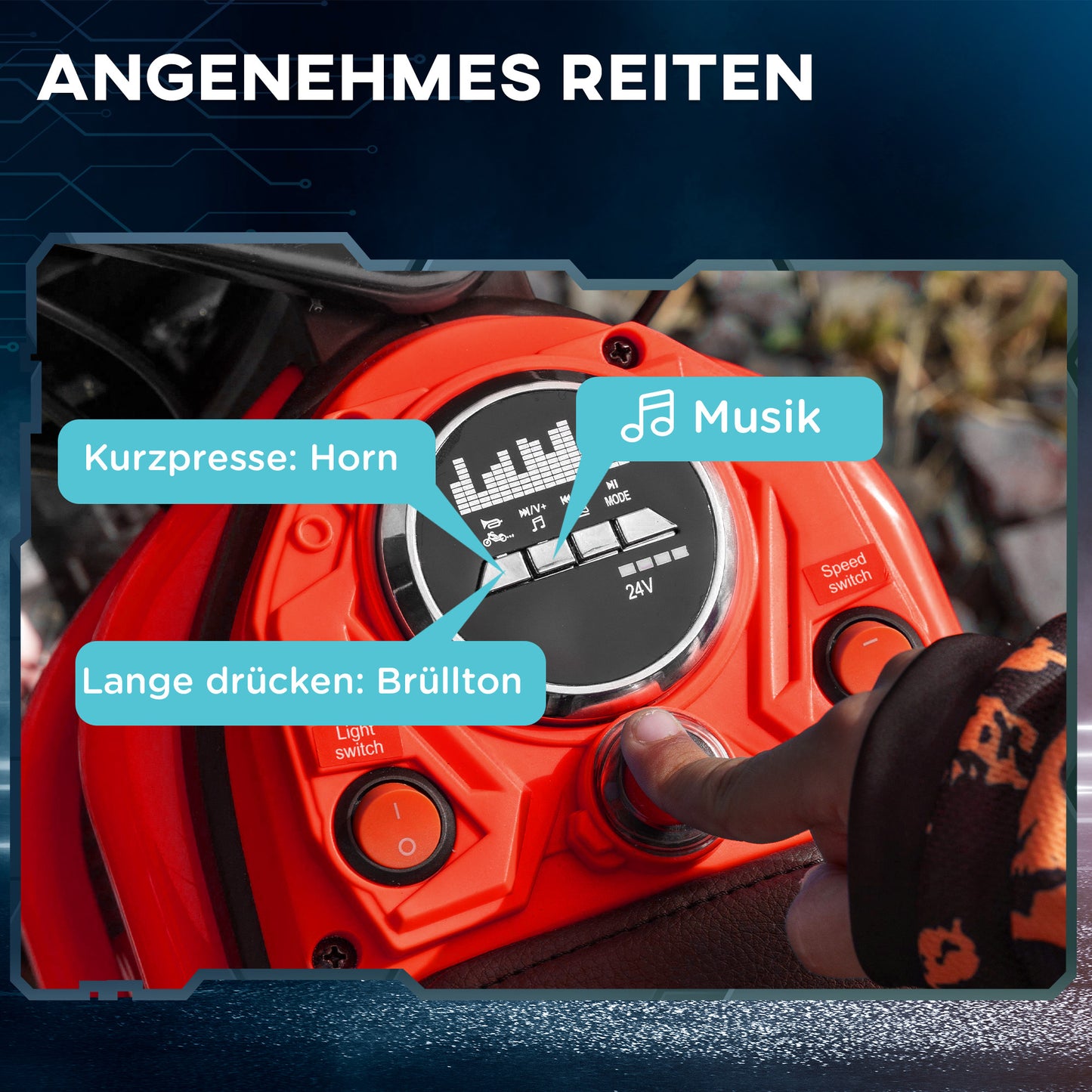 HOMCOM Elektro-Motorrad für Kinder, 24V Kindermotorrad mit Hupe, Leuchte, mit Drehgriff-Gashebel, 8-16 km/h, 8-12 Jahre, Rot