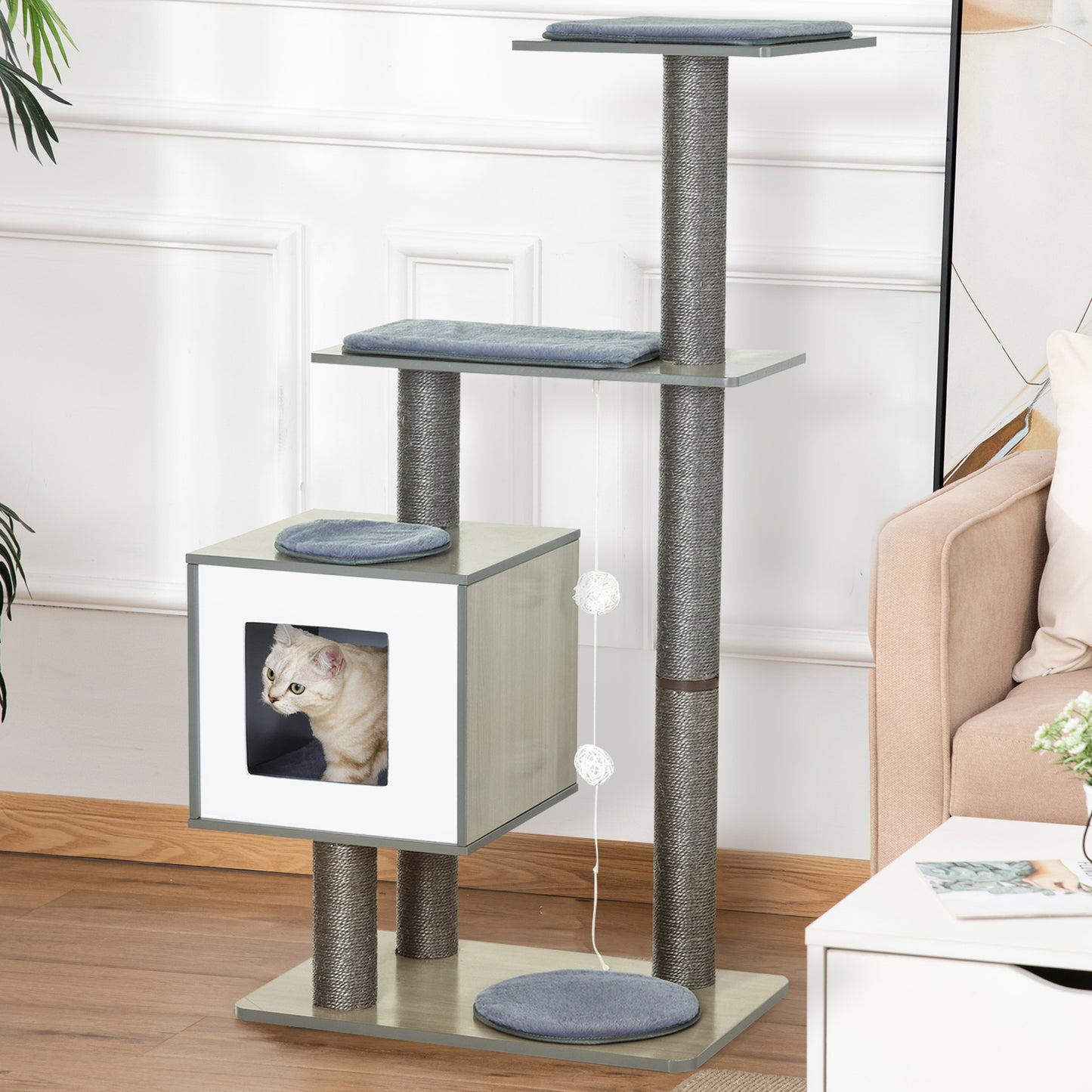 PawHut Katzenkratzbaum Katzenbaum Katzenspielzeug Kletterbaum Sisal Polster Liegefläche mit Ball Grau 71,5 x 49,5 x 120 cm