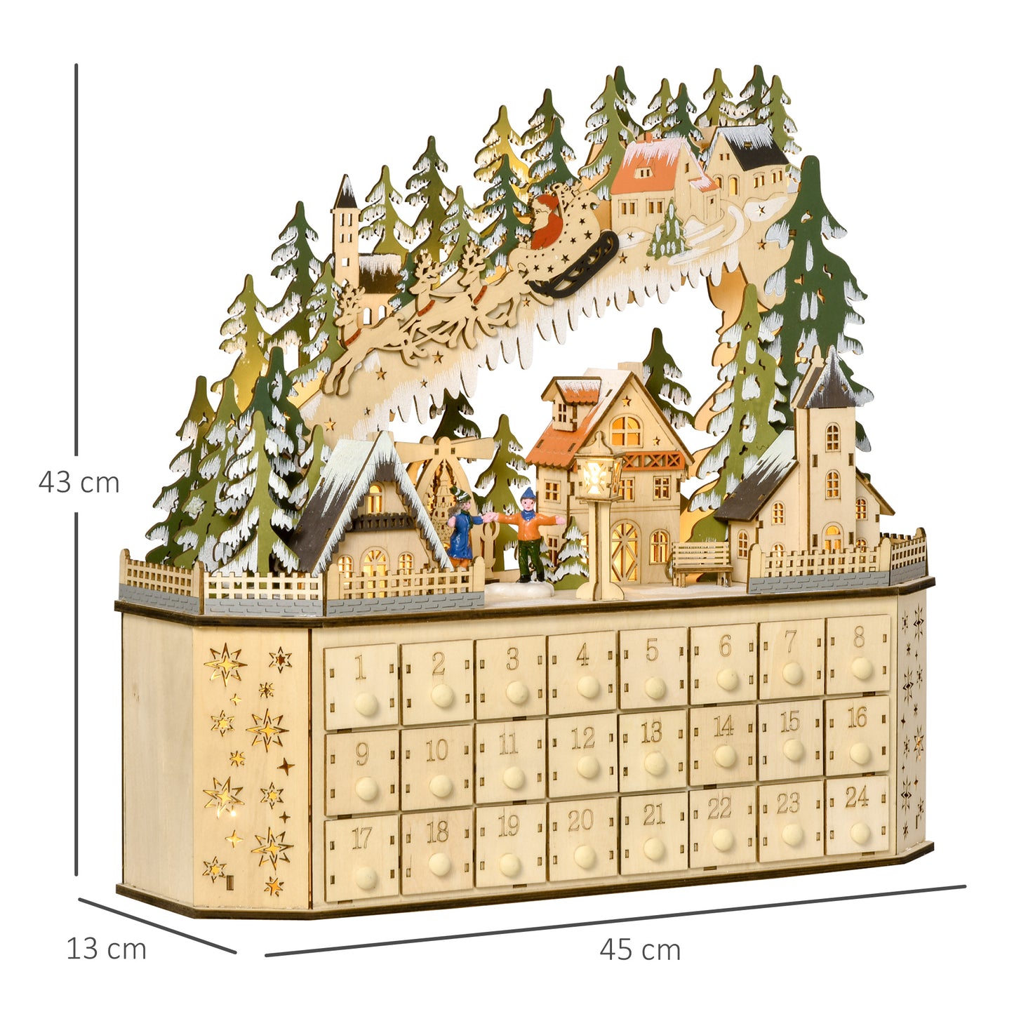 HOMCOM Adventskalender Weichnachtsdekoration Weihnachtsdeko, 24 Schubladen, LED-Lichter, 39 cm x 9 cm x 42 cm, Weiß + Grün