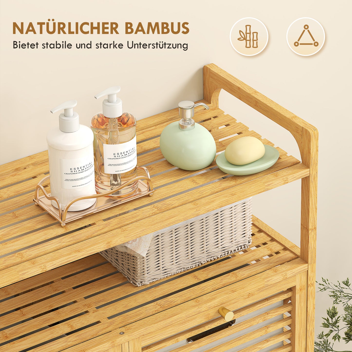 HOMCOM Wäscheregal mit 2 Wäschekörben, freistehendes Bambusregal für Badezimmer, Waschküche, Naturholz+Cremeweiß