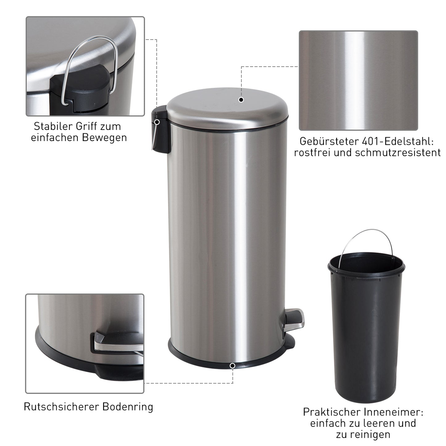 HOMCOM 30L Mülleimer Abfalleimer, Papierkorb, Treteimer mit Deckel, Fußpedal, Müllbehälter mit Inneneimer, Mülltrennung für Wohnzimmer, Büro, Rund