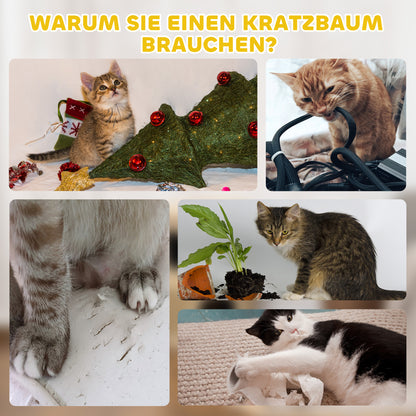 PawHut Kratztonne, 49 cm hoch, Ø35,5 cm zweistöckige Katzentonne mit Plüschrand Kratzmatte, 2 Höhle Khaki+Kaffee