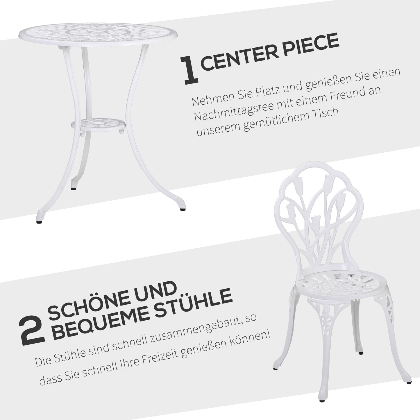 Outsunny Sitzgruppe für 2 Personen Essgruppe Gartenmöbel-Set 1 Tisch+2 Stühle mit Schirmloch Aluminium Weiß
