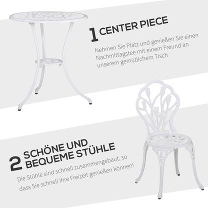 Outsunny Sitzgruppe für 2 Personen Essgruppe Gartenmöbel-Set 1 Tisch+2 Stühle mit Schirmloch Aluminium Weiß