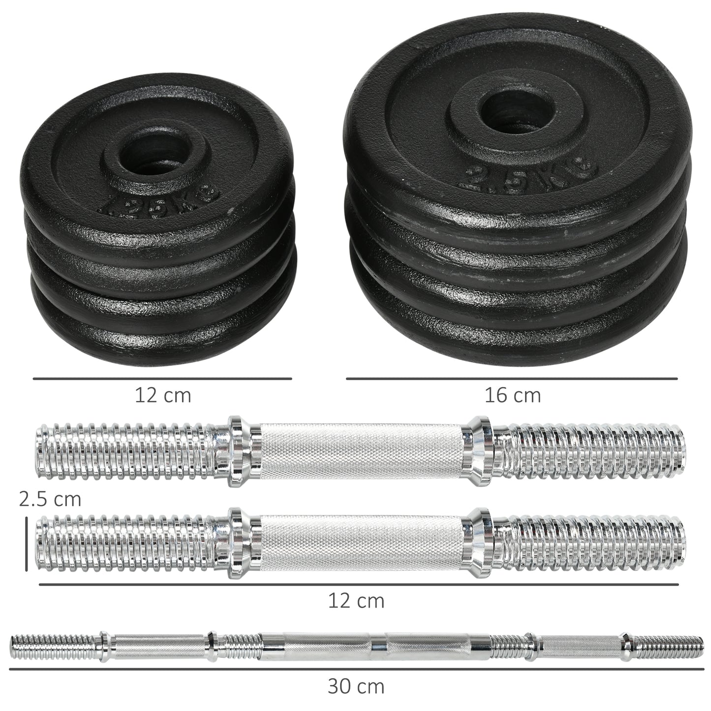 HOMCOM Kurzhantel, Langhantel, 2-in-1, 20 kg, 8 Hantelscheiben, rostfrei, Eisen, schwarz, 95 x 16 x 16Hcm