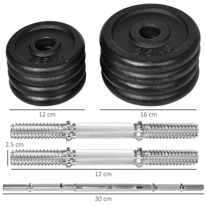HOMCOM Kurzhantel, Langhantel, 2-in-1, 20 kg, 8 Hantelscheiben, rostfrei, Eisen, schwarz, 95 x 16 x 16Hcm