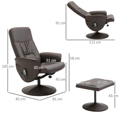 HOMCOM Relaxsessel mit Hocker, drehbarer Fernsehsessel mit 10 Massagepunkte, Liegefunktion, Massagesessel mit Fernbedienung, Seitentasche, TV-Sessel, Kunstleder, Braun
