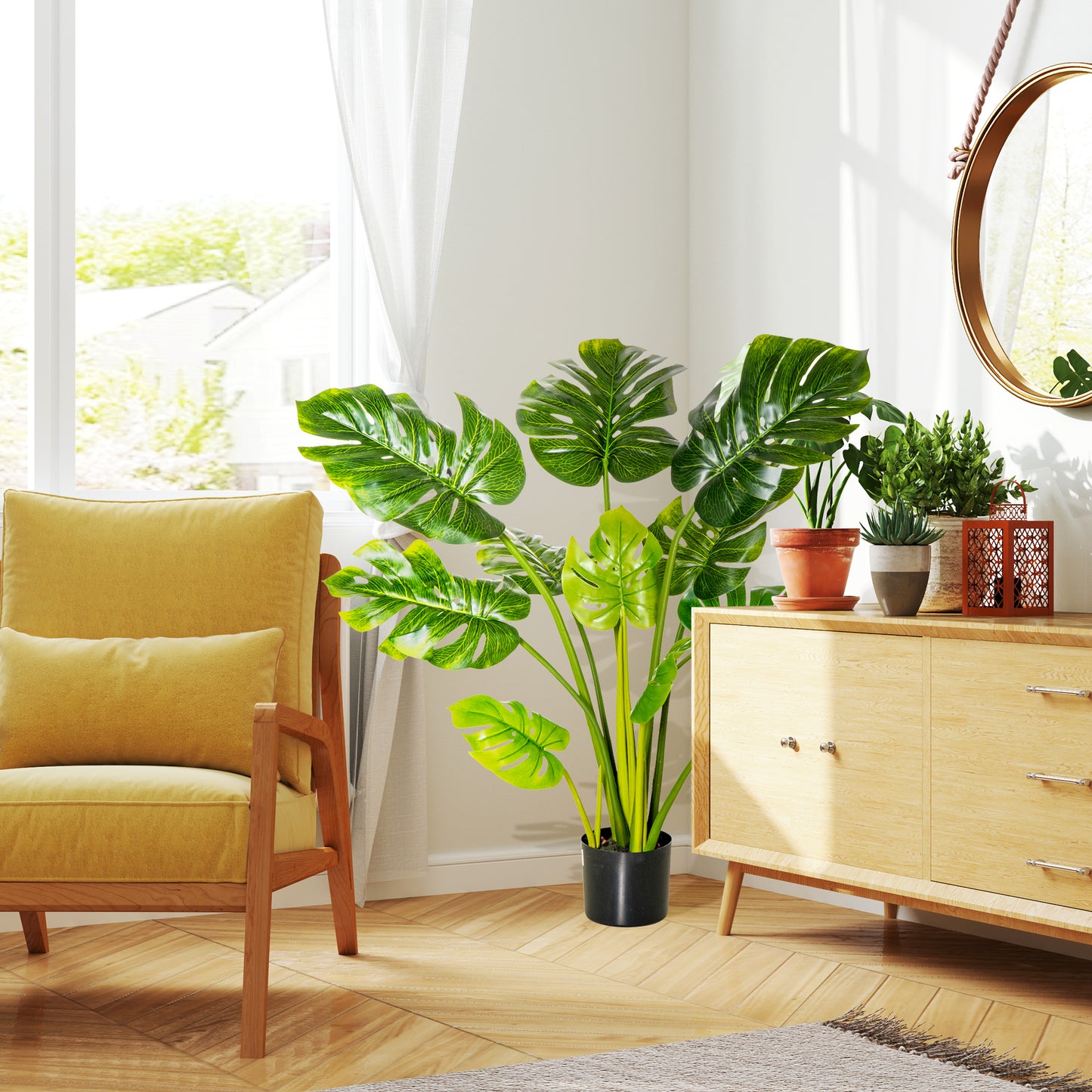 HOMCOM künstliche Pflanzen 110 cm künstlicher Monstera Kunstpflanzen im Topf Kunstbaum Zimmerpflanze Dekopflanze Büropflanze Kunststofftopf für drinnen und draußen