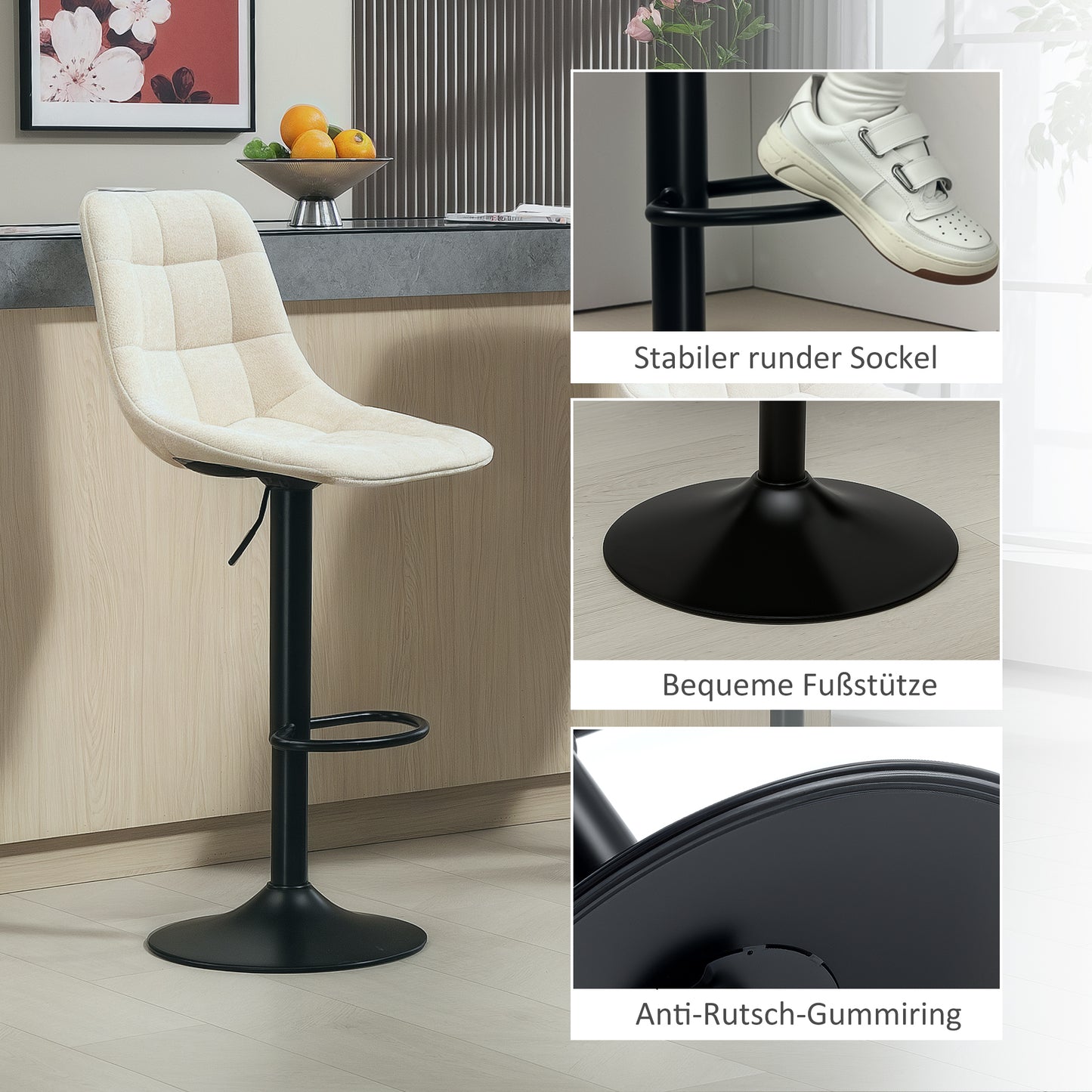 HOMCOM Moderner Barhocker, 2er-Set drehbare Barstühle mit Rückenlehne, höhenverstellbar, mit Fußstütze, gepolstert, بيج
