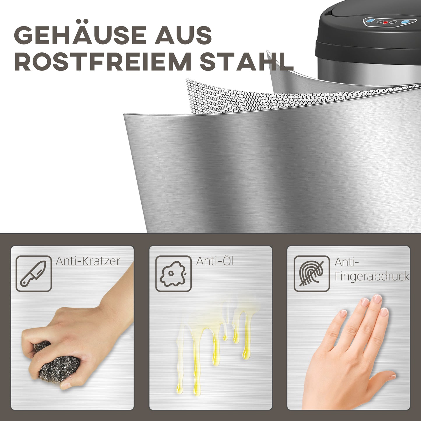 HOMCOM 50 Liter Sensor-Mülleimer mit Soft-Close-Funktion, berührungsfreier Abfalleimer aus Edelstahl für hygienische Küchen, Büros, Silberfarben
