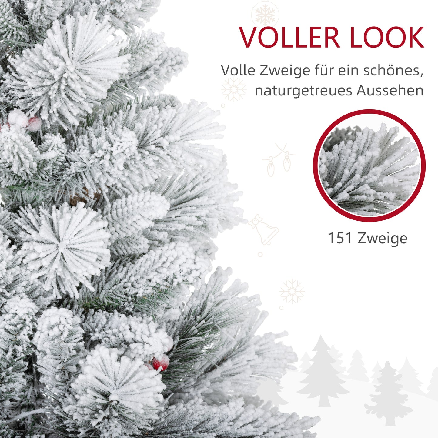 HOMCOM Weihnachtsbaum mit LED-Beleuchtung, 2er-Set, 107 cm, Tannenzapfen, rote Beeren, feuersicher, Grün/Weiß