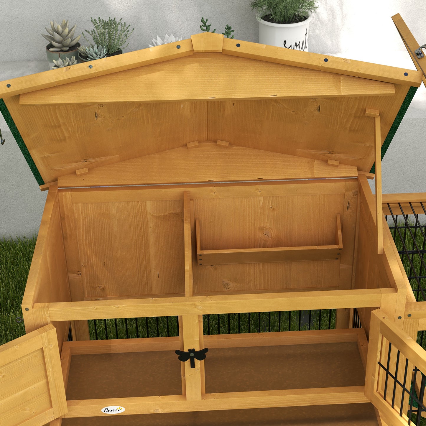 PawHut Hasenstall 2 Ebenen Kaninchenstall Tannenholz Winterfest Doppelstockhaus mit Freilaufgehege Rampe 150x52x68 cm Gelb