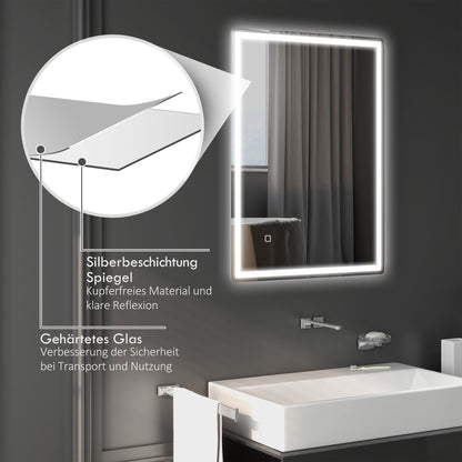 HOMCOM Badspiegel Badezimmerspiegel Wandspiegel LED´s. Ber, gsschalter, Antibeschlagfunktion, 60 x 80 x 4 cm, Weiß