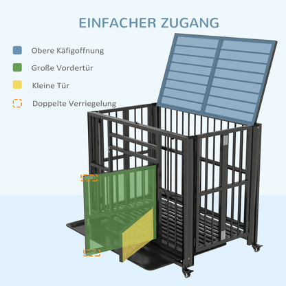 PawHut Hundebox Hundekäfig, inkl. Bodenwanne, Verriegelung, Universalrollen, 94 cm x 58 cm x 78 cm, Schwarz
