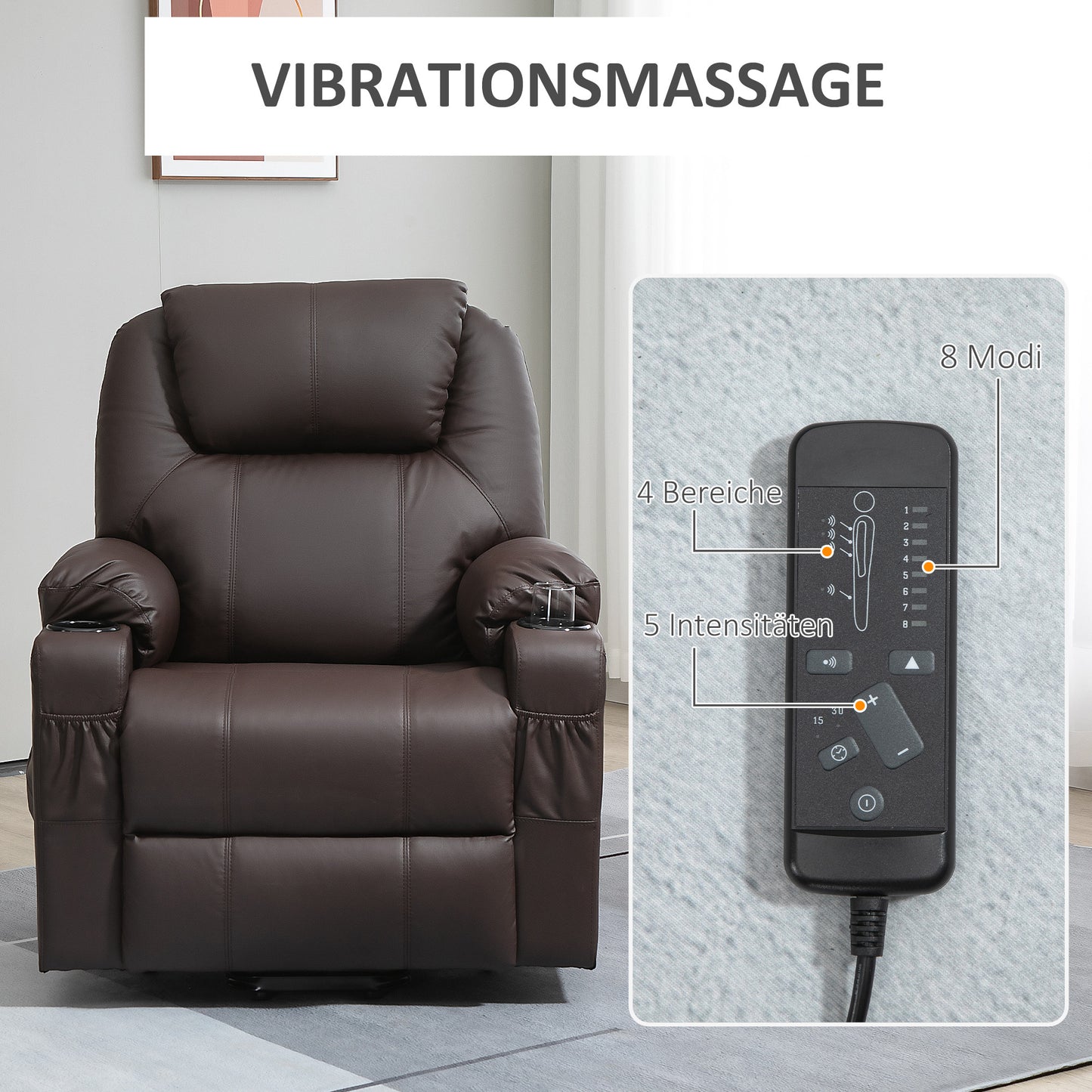 HOMCOM Massagesessel mit Aufstehhilfe, Liegefunktion, Kunstleder, bis 150 kg, 88 x 99 x 106 cm, Braun