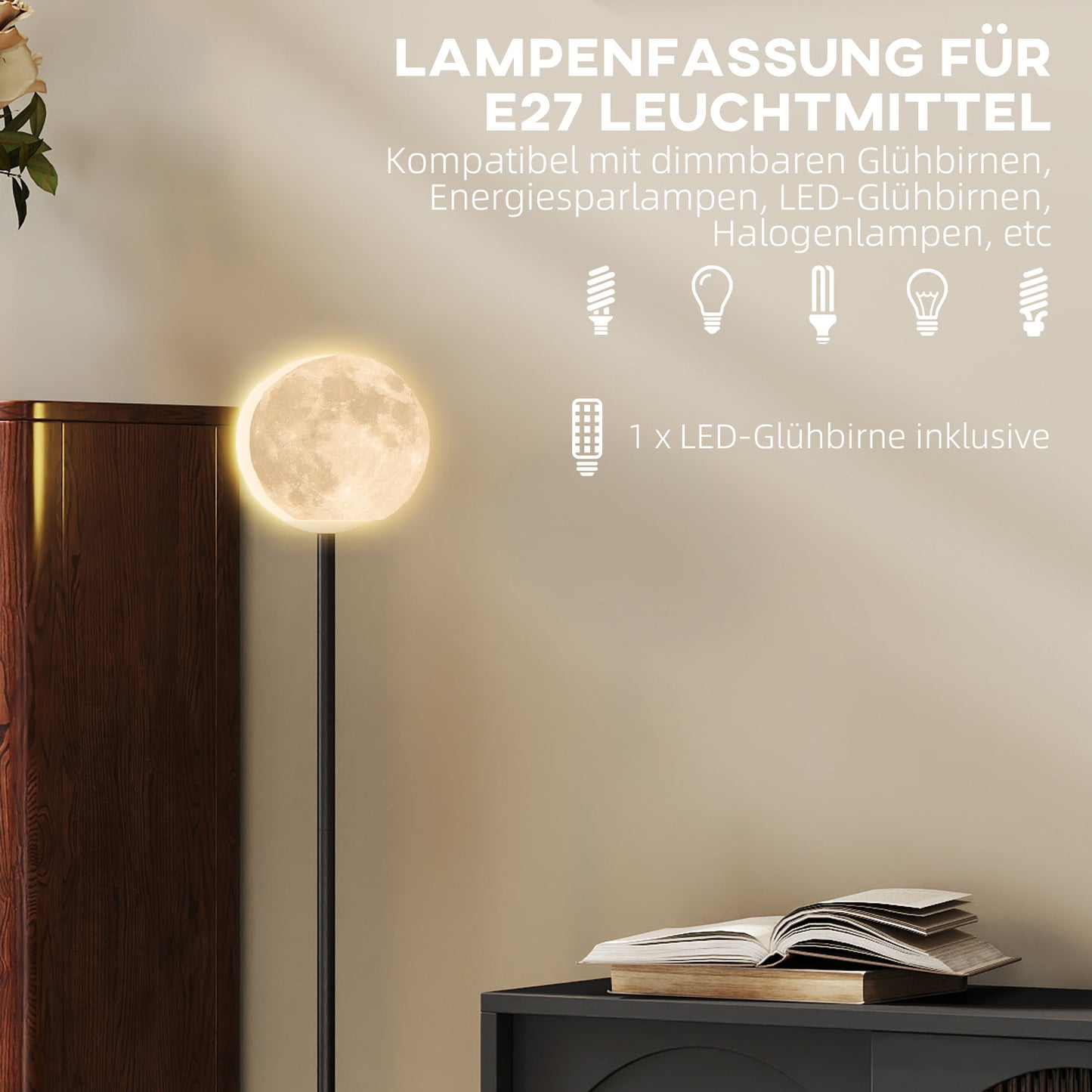 HOMCOM Stehlampe mit Schirm in Mondoptik, Fußschalter, 3 Farbtemperaturen, Metall, Schwarz