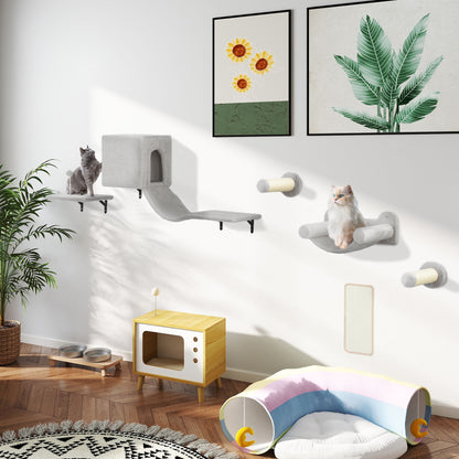 PawHut Kletterwand Katzen 6-teilig Katzen Kletterwand Set mit Katzenhaus, Hängematte, Plattform Kratzbrett Grau