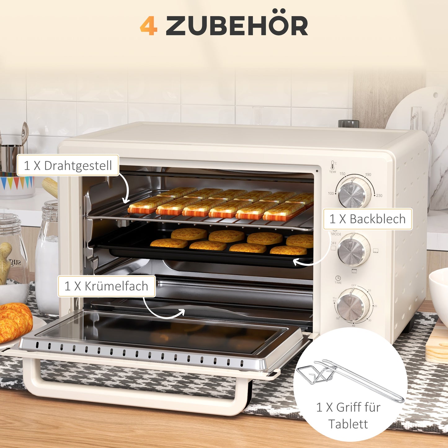 HOMCOM Minibackofen, Backofen kleine 21 L Toasterofen mit 1 Drahtgestell und 1 Backblech, 3 Kochmodi, 100 °C-230 °C, Edelstahl, Glas, Cremeweiß